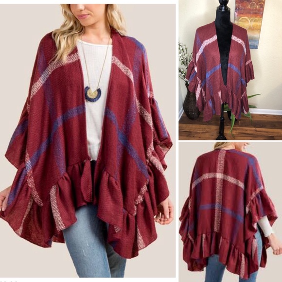 Francesca Robin Ruffle Hem Ruana Plaid Burgundy Blue White Wrap - Picture 1 of 7